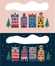 Set of houses of classical architecture of the Netherlands, Amsterdam. Vector illustration, night and day view of the city Royalty Free Stock Photo