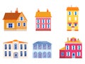 Set houses cottage home front view, colorful real estate. Cartoon urban buildings, vector illustration Royalty Free Stock Photo