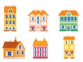 Set houses cottage home front view, colorful real estate. Cartoon urban buildings, vector illustration Royalty Free Stock Photo