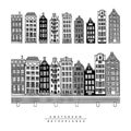 Set of houses of the Damrak Avenue, Amsterdam, Netherlands. Vector illustration of European city. Royalty Free Stock Photo