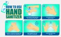 Set of How to use hand sanitizer properly or step by step How to use hand sanitizer correctly for prevent virus or how to use