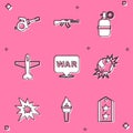 Set Howitzer, Submachine gun, Hand grenade, Plane, The word war, Bomb explosive planet earth, explosion and Torch flame