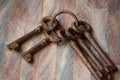 A set of huge old keys for unlocking heavy doors. Royalty Free Stock Photo