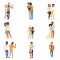 Set of hugging people in different poses. Sisters, brothers, couples in love, friends, father and child. Cartoon