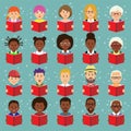 Set of human faces, avatars, people heads different nationality and ages in flat style reading books on a green background Royalty Free Stock Photo