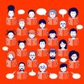 Set of human faces, avatars, people heads different nationality and ages in flat style reading books on a red background