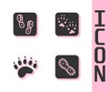Set Human footprints shoes, , Bear paw and Fox icon. Vector Royalty Free Stock Photo