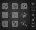 Set Human footprints shoes, Paw search, Bear paw, Tire track, Dove, and Safe distance icon. Vector