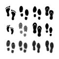 Set of human footprints vector design template. Black silhouette of human footprints, shoes prints, baby prints, women prints