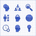 Set Human with gear inside, head puzzles strategy, Light bulb and check mark, Piece of, Time Management, User business