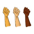 Set of human hands in a fist with different skin colors. Vector illustration fist. Fist up hand drawn Royalty Free Stock Photo