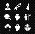 Set Human head with lamp bulb, Rocket ship fire, Ringing bell, Ladder leading to cloud, gear inside, Globe and people