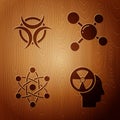 Set Human head and a radiation, Biohazard symbol, Atom and Molecule on wooden background. Vector