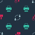 Set Human with lamp bulb, resources and Printer on seamless pattern. Vector Royalty Free Stock Photo
