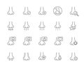 Set of human nose line icon. Healthy olfactor organ, disease of paranasal sinuses, diagnosis, treatment and more.