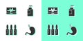 Set Human stomach, Laptop with cardiogram, Medical vial, ampoule and Hand sanitizer bottle icon. Vector