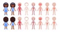 Set of Human Systems in a Cartoon Style. The Muscular, Skeletal, Circulatory, Nervous, Digestive, Respiratory systems. Black Girl