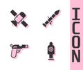 Set Human target sport for shooting, Satellite, Pistol gun and Rocket launcher icon. Vector