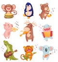 Humanized animals with musical instruments. Vector illustration on white background.