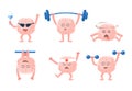 Flat vector set of humanized brains with arms and legs in different actions. Funny cartoon characters. Emoji for social