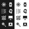 Set Humanoid robot, Neural network, Artificial intelligence AI, Computer monitor, Processor CPU and icon. Vector Royalty Free Stock Photo