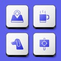 Set Hunt place, Coffee cup, Hunting dog and Target sport icon. White square button. Vector Royalty Free Stock Photo