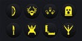 Set Hunter knife, Balaclava, Bear skin, Trap hunting, Cartridges, Deer antlers on shield, Bird footprint and Bow icon