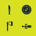 Set Hunter knife, Sniper optical sight, Wooden axe and Compass icon. Vector Royalty Free Stock Photo