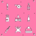 Set Hunter knife, Whistle, Bottle of vodka, Camping gas stove, Bullet, Shotgun and Bear skin icon. Vector