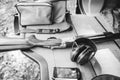 Set hunter shotgun headphones smartphone bag compartment jeep Royalty Free Stock Photo