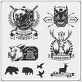 Set of hunting club emblems and design elements. Bobcat, bear, wild boar, ducks and deer.