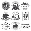 Set of hunting club and hiking club badge. Vector. Concept for shirt, logo, print, stamp. Vintage design with rv trailer