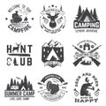 Set of hunting club and hiking club badge. Vector. Concept for shirt, logo, print, stamp. Vintage design with rv trailer Royalty Free Stock Photo