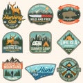 Set of hunting club and hiking club badge. Vector. Concept for shirt, logo, print, stamp. Vintage design with rv trailer Royalty Free Stock Photo