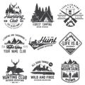 Set of hunting club and hiking club badge. Vector. Concept for shirt, logo, print, stamp. Vintage design with rv trailer