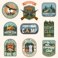 Set of hunting club and hiking club badge. Vector. Concept for shirt, logo, print, stamp. Vintage design with rv trailer Royalty Free Stock Photo