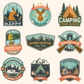 Set of hunting club and hiking club badge. Vector. Concept for shirt, logo, print, stamp. Vintage design with rv trailer Royalty Free Stock Photo