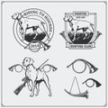 Set of Hunting Club labels. Pointer dog emblems, labels and design elements.