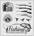 Set of hunting and fishing club badges, labels and design elements. Royalty Free Stock Photo