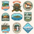 Set of hunting and fishing club patches. Vector. Concept for shirt, logo, stamp, patch. Vintage design with fisherman