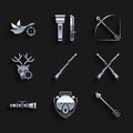 Set Hunting gun, Bear head on shield, Hipster arrow, Two crossed shotguns, Sniper optical sight, deer with crosshairs