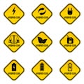 Set of hybrid car caution stickers. Save energy automobile warning signs.