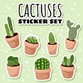 Set of hygge potted cactuses succulent plants stickers. Cozy lagom scandinavian style collection of plants labels
