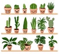 Set of hygge potted kawaii emoticon emoji succulent plants on shelf. Cozy lagom scandinavian style collection of plants