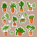 Set of hygge tropical potted succulent plants stickers. Cozy lagom style collection of plants labelsSet of hygge