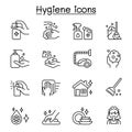 Set of Hygiene related vector line icons. contains such Icons as Hand washing, cleaning, healthcare, soap, wipe, sanitary, broom