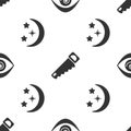 Set Hypnosis, Hand saw and Moon and stars on seamless pattern. Vector