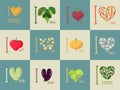 Set of I love vegetables: Eggplant and cucumber. Symbol of heart