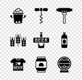 Set Ice bucket, Wine corkscrew, Sausage on the fork, Beer T-shirt, can, Wooden barrel rack, Wheat and bottle icon Royalty Free Stock Photo