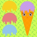 Set ice cream balls of yellow, red, purple, blue. Orange cartoon waffle cone smiles. Flat coloured pattern on light green